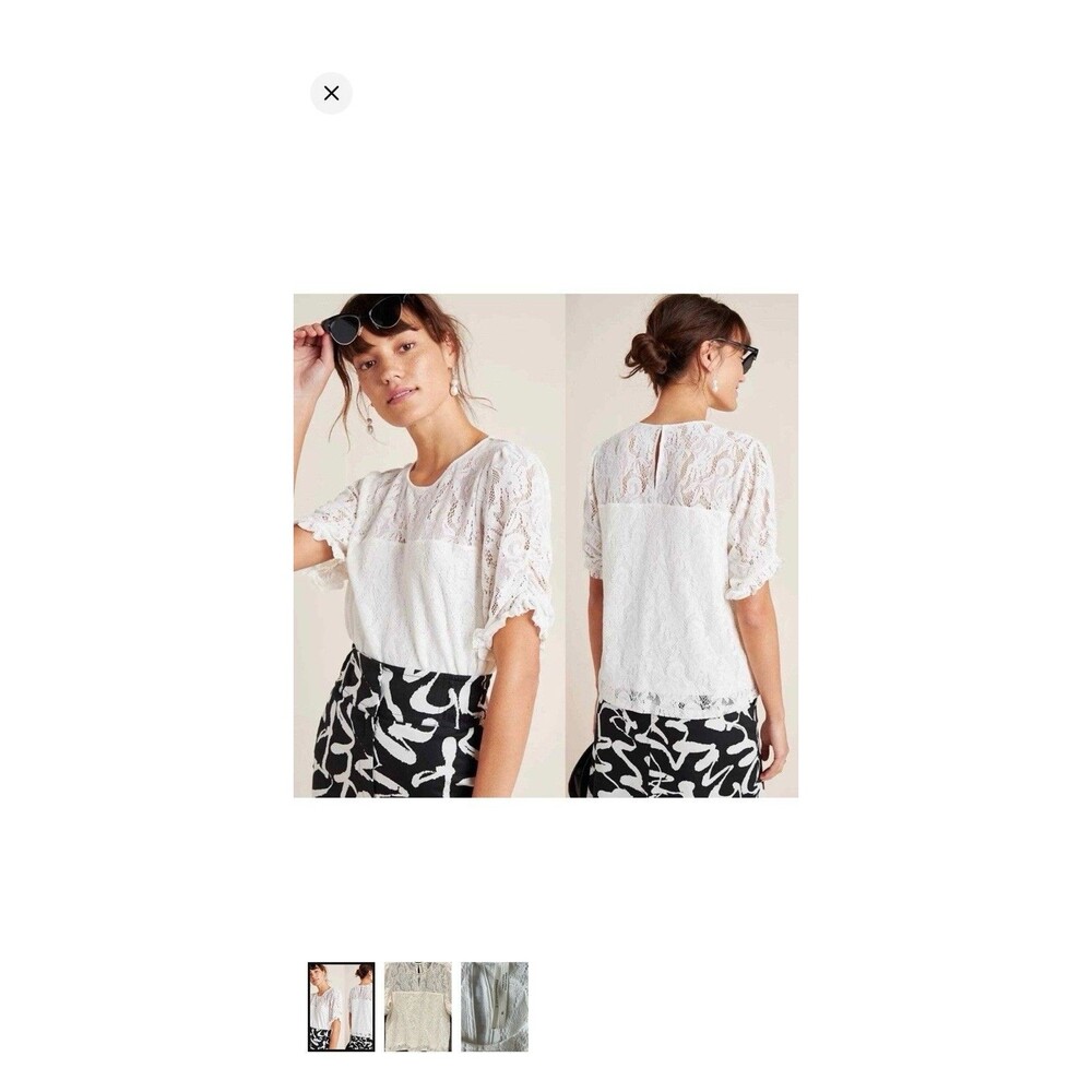 Anthropologie Parvati Lace Blouse Ivory Cream Sz L Puff Sleeve Lined Body Poly